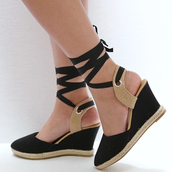 Shoes - New Black Lace Up Espadrille Wedge Heel Sandals